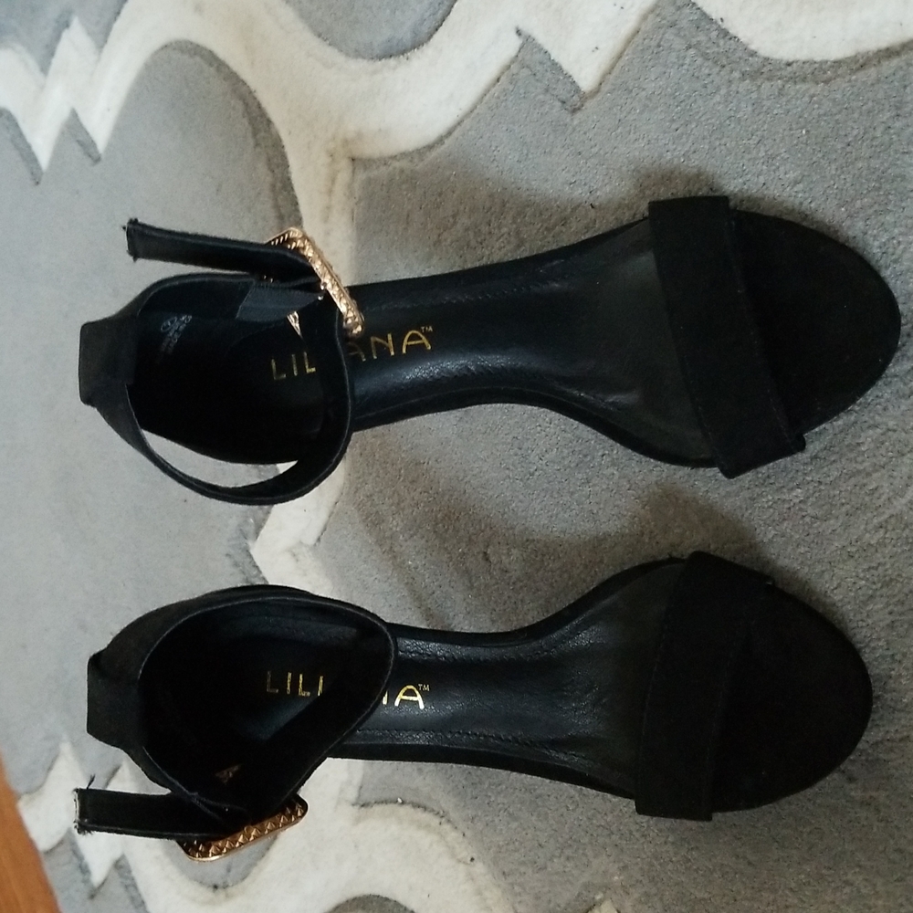Liliana black suede open toe w/ gold and rhinestone buckle 4 inch high heels